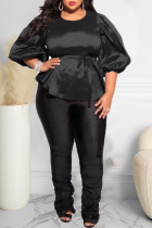 Black Casual Solid Patchwork O Neck Plus Size Tops