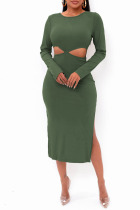 Green Sexy Solid Bandage Hollowed Out Patchwork Backless O Neck Straight Dresses