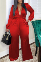 Red Casual Solid Patchwork Buckle Turndown Collar Straight Jumpsuits
