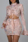 Pink Sexy Patchwork Bandage Hollowed Out Sequins Draw String Turtleneck Long Sleeve Dresses