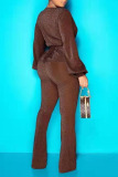Dark Brown Sexy Solid Patchwork V Neck Long Sleeve Two Pieces