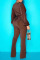 Dark Brown Sexy Solid Split Joint V Neck Long Sleeve Two Pieces