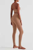 Light Brown Casual Sportswear Solid Hollowed Out Skinny High Waist Trousers
