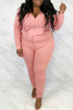 Pink Fashion Casual Solid Hot Drill Hooded Collar Plus Size Two Pieces
