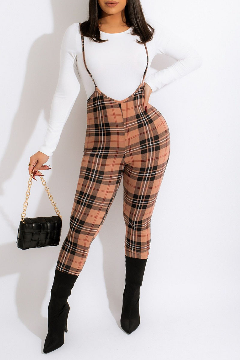 

Khaki Casual Plaid Print O Neck Long Sleeve Two Pieces