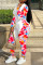 Red Fashion Casual Print Split Joint O Neck Regular Jumpsuits