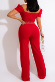 Red Elegant Print Patchwork V Neck Straight Jumpsuits