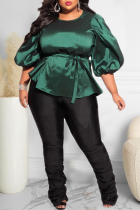 Green Casual Solid Split Joint O Neck Plus Size Tops