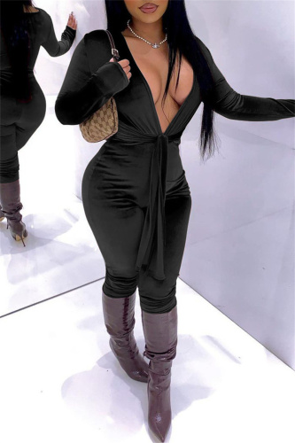 Black Sexy Casual Solid Bandage V Neck Long Sleeve Skinny Jumpsuits