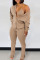 Khaki Casual Solid Patchwork Buckle Slit V Neck Long Sleeve Two Pieces