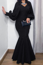 Black Fashion Elegant Solid Split Joint V Neck Trumpet Mermaid Dresses