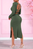 Grey Sexy Solid Bandage Hollowed Out Patchwork Backless O Neck Straight Dresses