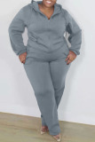 Grey Casual Solid Patchwork Zipper Hooded Collar Plus Size Two Pieces