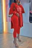 Red Fashion Casual Print Slit V Neck Long Sleeve Two Pieces
