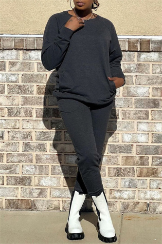 Black Fashion Casual Solid Basic O Neck Long Sleeve Two Pieces