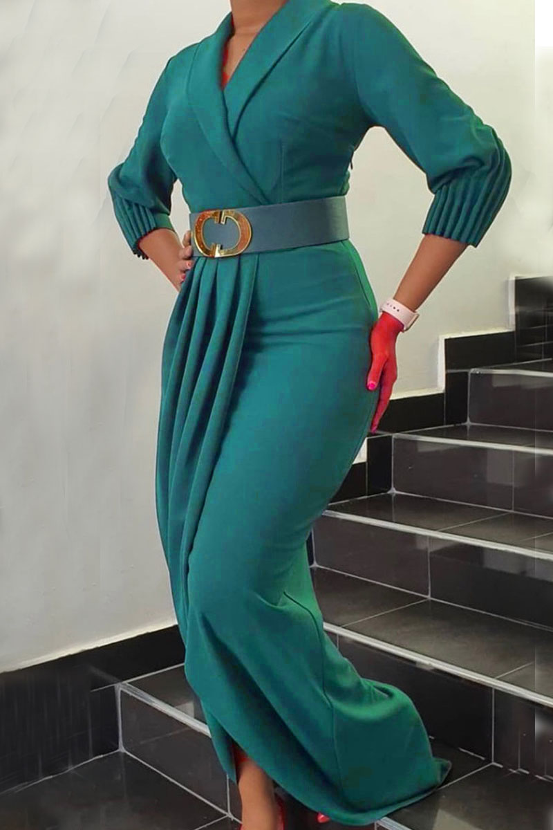 

Green Elegant Solid Patchwork Fold With Belt V Neck Long Sleeve Plus Size Dresses