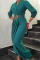 Green Elegant Solid Split Joint Fold With Belt V Neck Long Sleeve Plus Size Dresses