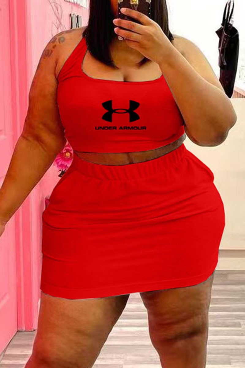 

Red Fashion Sportswear Print Split Joint Letter U Neck One Step Skirt Plus Size Two Pieces