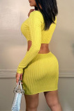 Yellow Sexy Solid Bandage Hollowed Out Patchwork V Neck One Step Skirt Dresses