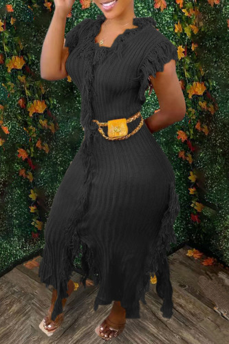 Black Casual Solid Tassel Patchwork Straight Dresses (Without Belt)