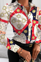 Red Casual Print Patchwork Turndown Collar Tops
