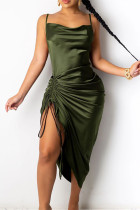 Army Green Sexy Solid Bandage Draw String Backless Square Collar Sling Dress