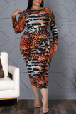 Multicolor Sexy Print Patchwork O Neck One Step Skirt Plus Size Dresses