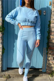 Light Blue Fashion Casual Solid Patchwork O Neck Long Sleeve Two Pieces