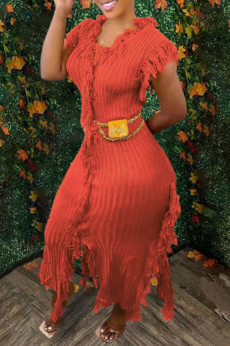 Tangerine Red Casual Solid Tassel Patchwork Straight Dresses (Without Belt)