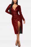 Gold adult Sexy Fashion Cap Sleeve Long Sleeves V Neck A-Line Mid-Calf Sequin Solid Patchwork