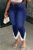 Medium Blue Fashion Casual Solid Tassel Patchwork Plus Size Jeans