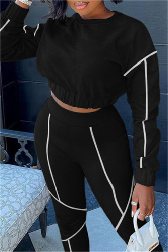 Black Fashion Casual Solid Patchwork O Neck Long Sleeve Two Pieces