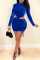 Blue Fashion Sexy Solid Hollowed Out Draw String Half A Turtleneck Long Sleeve Dresses