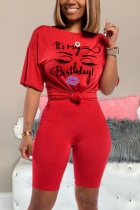 Red Milk Silk Casual Patchwork Two Piece Suits Letter Print pencil Short Sleeve 