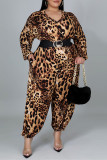 Multicolor Fashion Print Leopard Basic V Neck Plus Size Jumpsuits