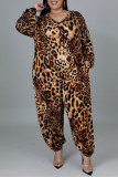 Multicolor Fashion Print Leopard Basic V Neck Plus Size Jumpsuits