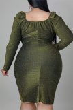 Olive Green Fashion Sexy Patchwork Bright Silk V Neck Long Sleeve Plus Size Dresses