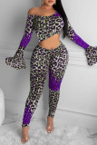 Red Fashion Sexy Print Leopard Basic O Neck Long Sleeve Two Pieces