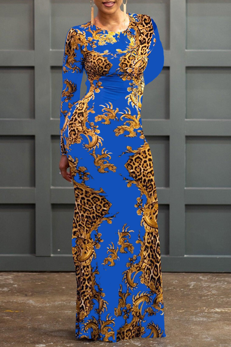 

Blue Fashion Sexy Print Hollowed Out O Neck Long Sleeve Dresses