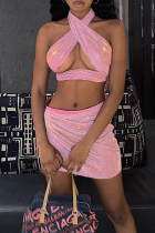 Pink Fashion Sexy Solid Bandage Backless Halter Sleeveless Two Pieces