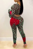 Red Fashion Sexy Print Leopard Basic O Neck Long Sleeve Two Pieces