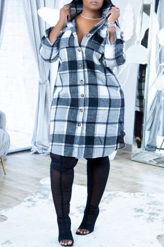 Black Fashion Casual Plaid Print Cardigan Turndown Collar Outerwear