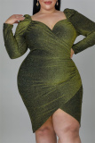 Olive Green Fashion Sexy Patchwork Bright Silk V Neck Long Sleeve Plus Size Dresses