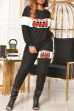 Black Fashion Casual Letter Print Patchwork O Neck Long Sleeve Two Pieces