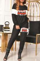 Black Fashion Casual Letter Print Split Joint O Neck Long Sleeve Two Pieces