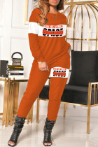 Orange Fashion Casual Letter Print Split Joint O Neck Long Sleeve Two Pieces