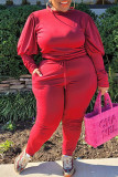Red Fashion Casual Solid Basic O Neck Plus Size Two Pieces