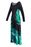 Green Casual Print Split Joint V Neck Long Sleeve Dresses