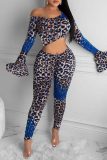 Purple Fashion Sexy Print Leopard Basic O Neck Long Sleeve Two Pieces