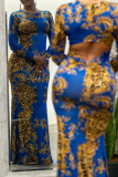 Blue Fashion Sexy Print Hollowed Out O Neck Long Sleeve Dresses